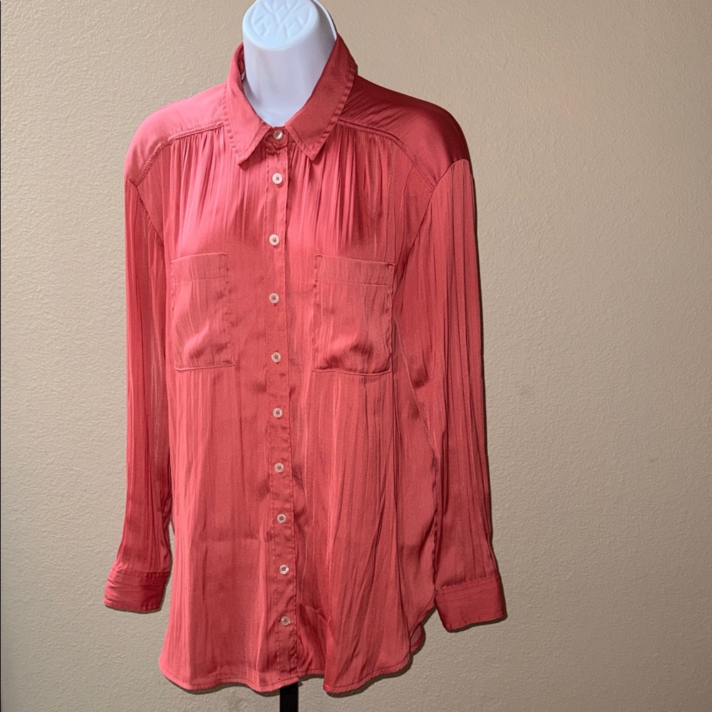 By Anthropologie Terracotta Button-Down Relaxed Satin Blouse Women’s Size S